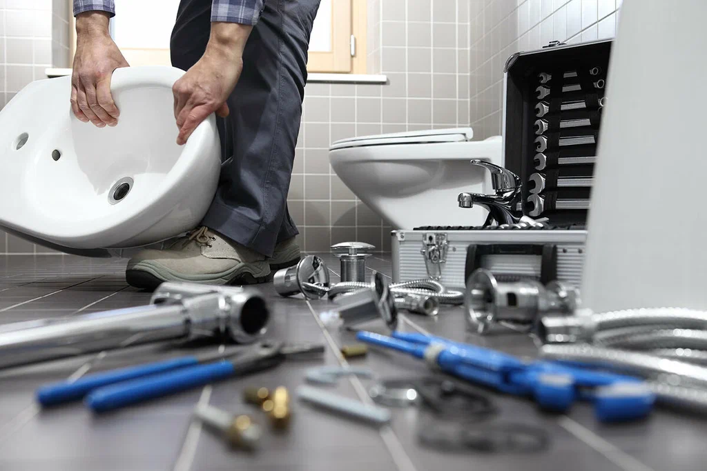 Plumbing tools prepared for a bathroom repair in San Bernardino