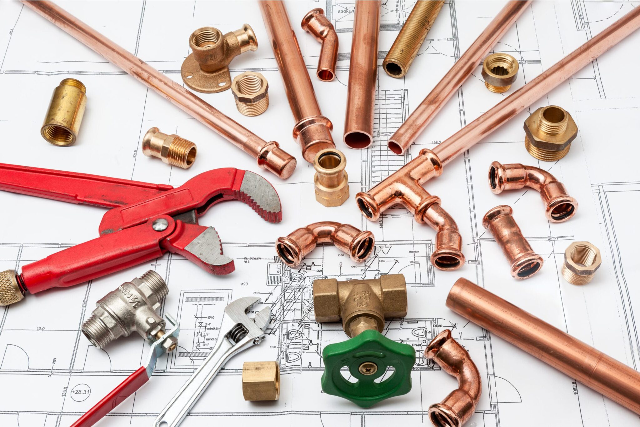 Copper pipes, fittings, valves, and plumbing tools in San Bernardino