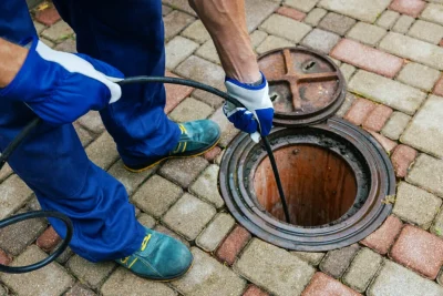 Plumber cleaning an outdoor sewer drain in San Bernardino