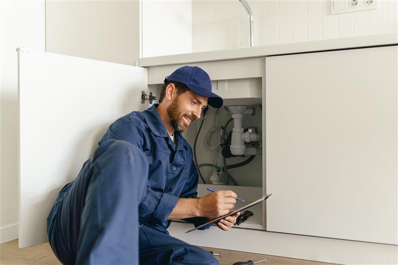 Residential plumber reviewing plumbing repairs in a San Bernardino kitchen