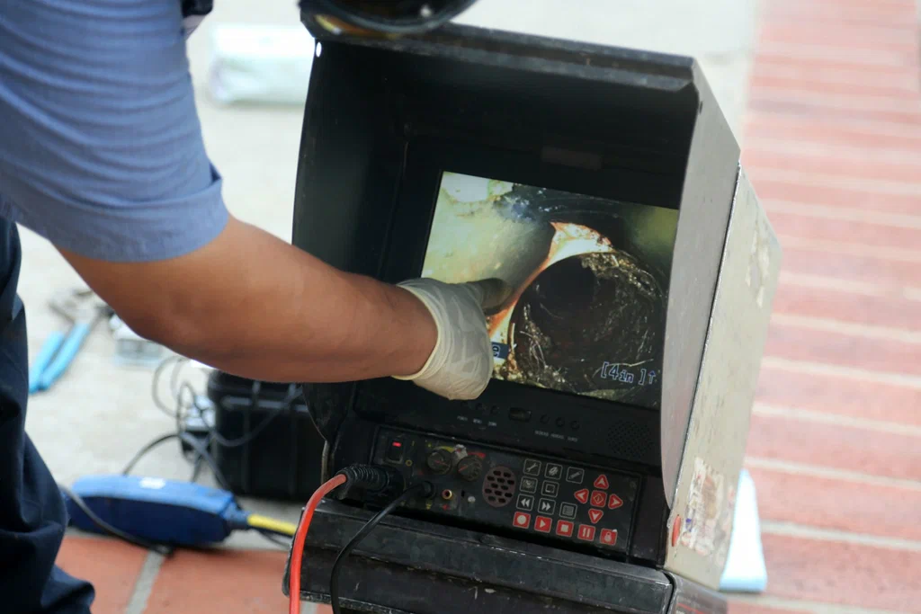 Technician viewing a drain inspection camera in San Bernardino
