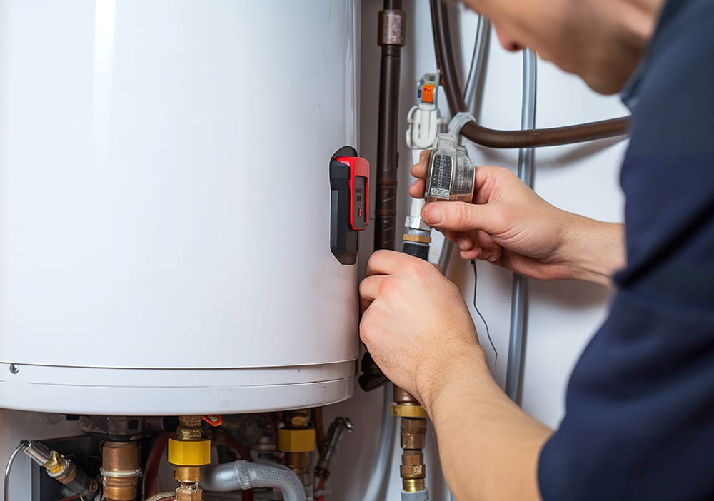 Technician repairing pipes connected to a water heater in San Bernardino